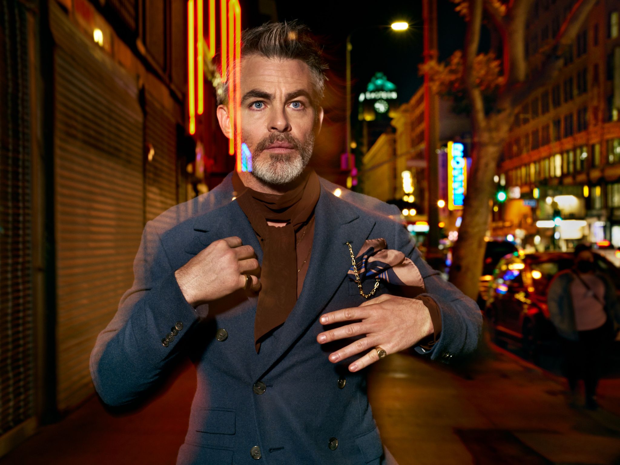 Jacket by Ralph Lauren Purple Label; shirt by House of Aama; pocket square by Edward Sexton; bracelet (worn as lapel pin) by Tiffany & Co.; black onyx ring by David Yurman; signet ring, Pine’s own.