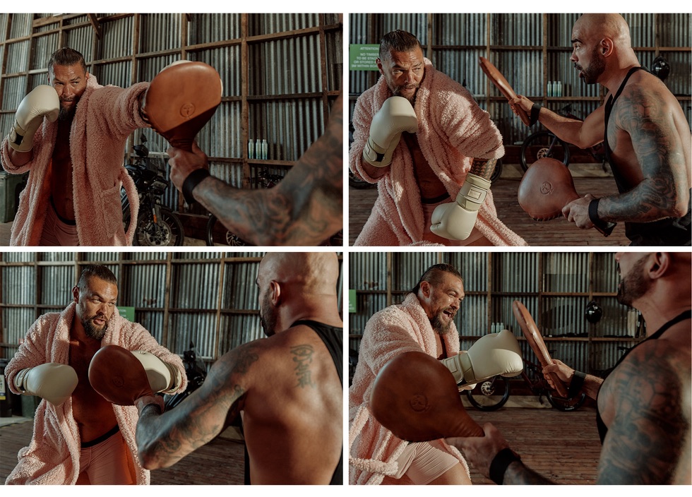 Now he’s living in Auckland, pouring his heart into his work for the next year or so. (After Chief of War, he’s shooting an undisclosed blockbuster-to-be there.) He’s nesting in a duplex warehouse surrounded by the things and people helping him be creative: his own kettlebells and boxing gear, his vinyl, his guitars, his mountain bikes, his vintage Land Rover, and a fridgeful of packs of poi (a Polynesian snack made from taro root, bananas, or pineapple mixed with coconut cream) and cans of Guinness, plus a chef, a trainer, a Hawaiian-language teacher, and a squad of artistic collaborators he’s worked with for years at his production company, Pride of Gypsies.