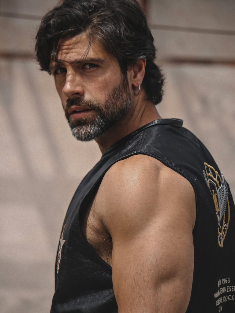 Italian actor Gilles Rocca poses in black-and-white and color portraits photographed by Marco Melfi in Testaccio, Rome, showcasing his hairy chest, muscular physique, and gray-bearded rugged masculinity.
