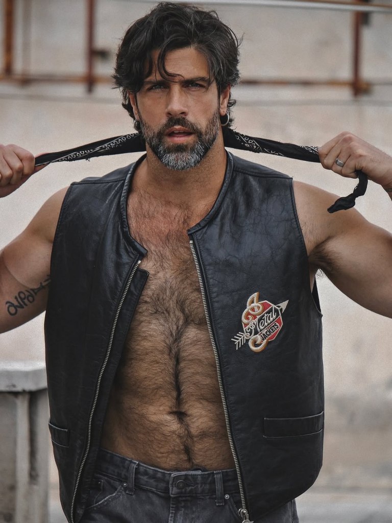 Italian actor Gilles Rocca poses in black-and-white and color portraits photographed by Marco Melfi in Testaccio, Rome, showcasing his hairy chest, muscular physique, and gray-bearded rugged masculinity.