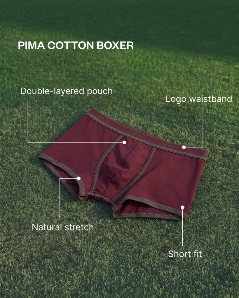 IUMAN Pima cotton boxer briefs in burgundy featuring a double-layered pouch and natural stretch.